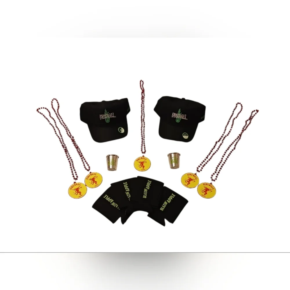 '26 Fireball Flaming Apple Shot Cup x Mardi Gras Bead x Koozie x Hat 16pc Set